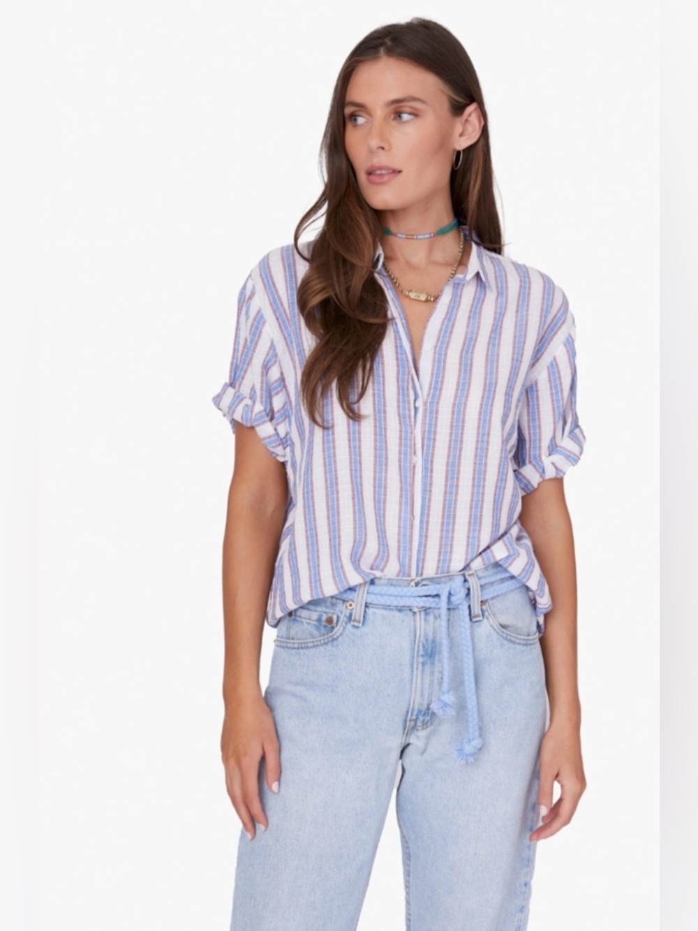 Xirena Channing Shirt in Wyndsur Blue Red Striped Button Up Size Small
